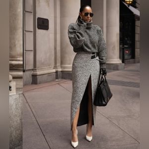 Jluxlabel LT. GREY GISELE TWEED SLIT SKIRT